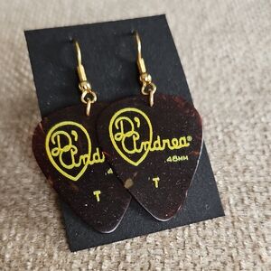 D'Andrea Guitar Pick Earrings - Dark Tortoiseshell with Yellow Logo
